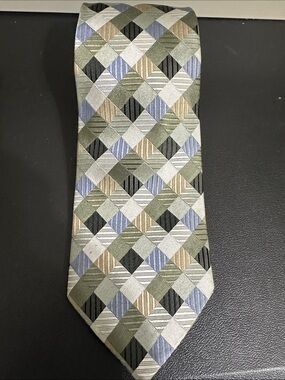 Geoffrey Beene Olive, Blue, Black & Cream Diamond-Check Tie